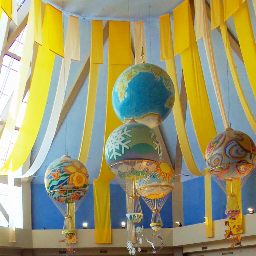globes hanging in the food court