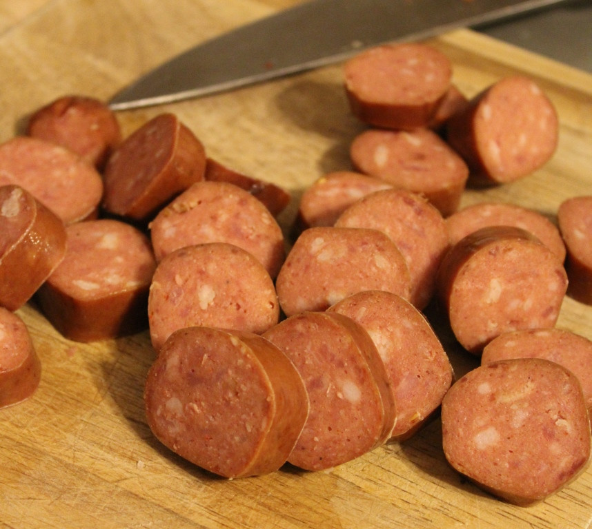 sausage medallions on a cutting board