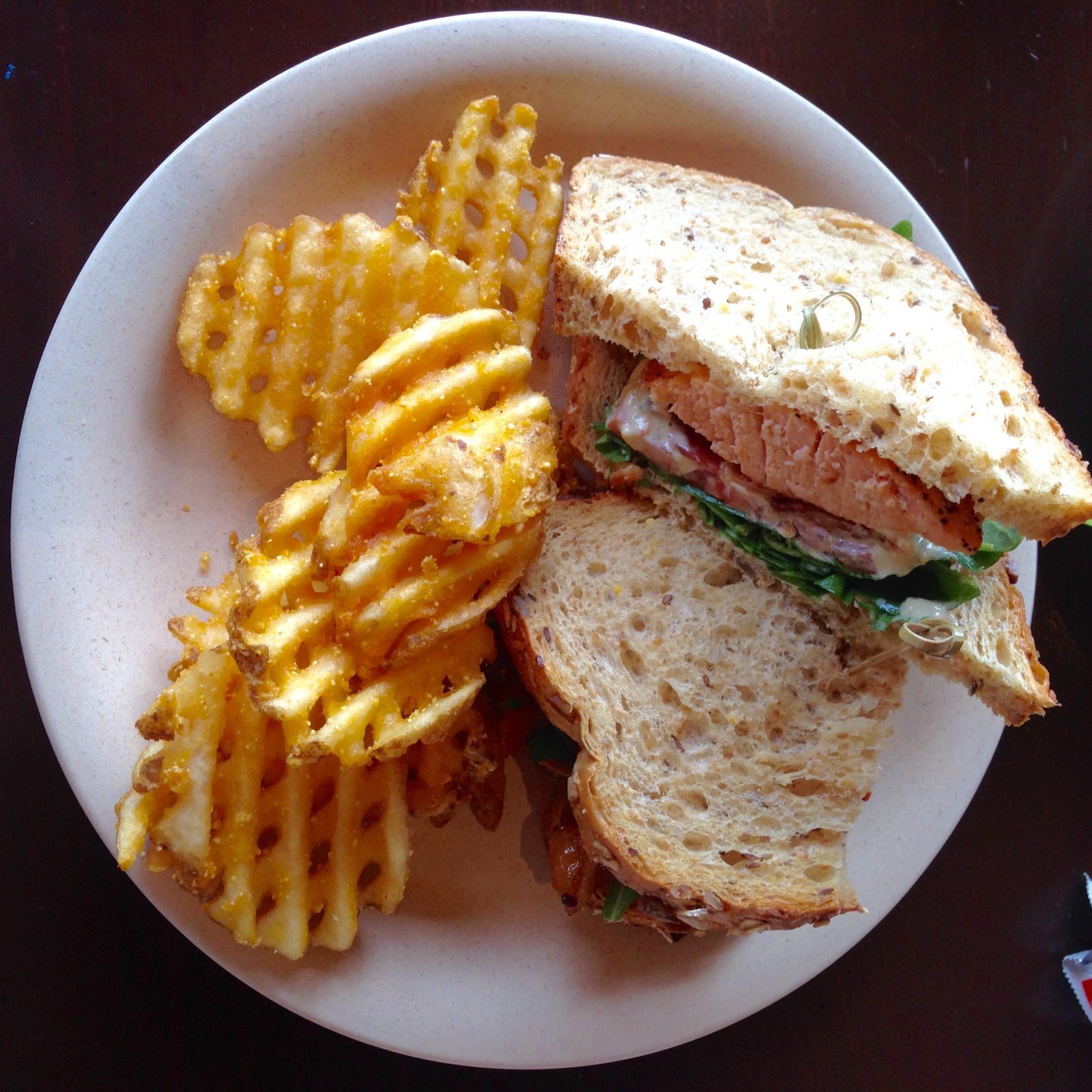 Salmon BLT and waffle fries from geyser point