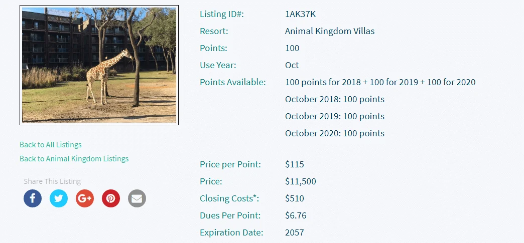 sample 100 point animal kingdom buying dvc resale. $115 price per point, $510 closing costs, $6.76 dues per point