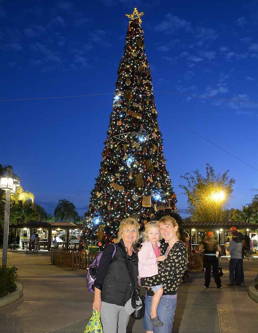 family in front of disney christmas tree