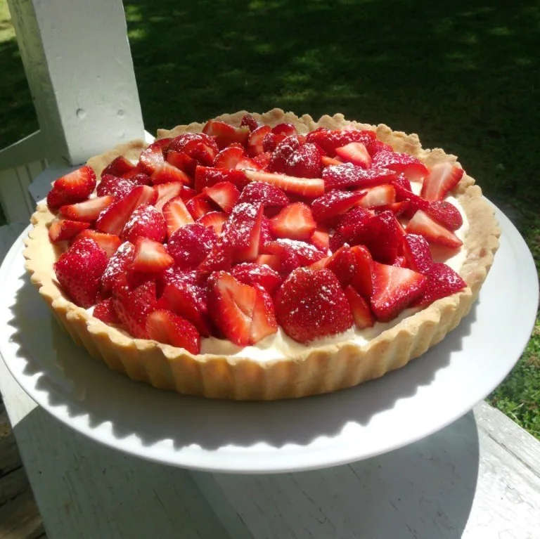 strawberry mascarpone tart on a white plate outside