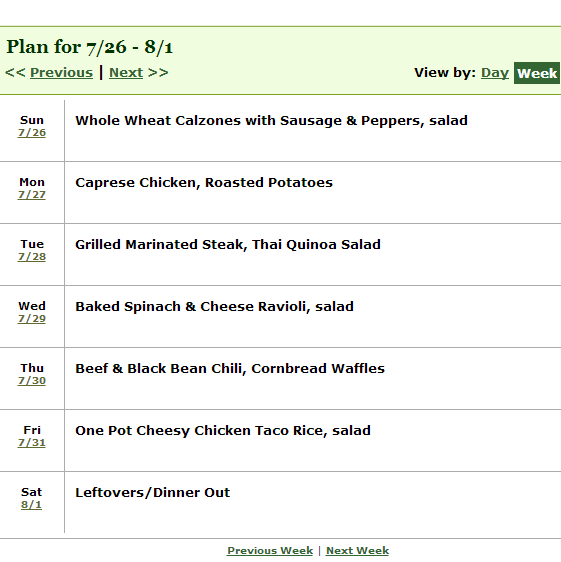 week long dinner meal plan schedule