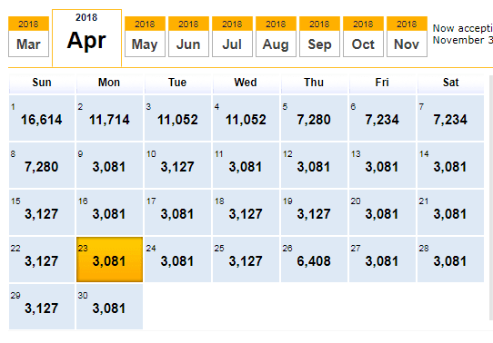 calendar with flight pricing