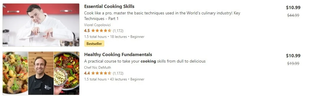 screen shot of cooking classes