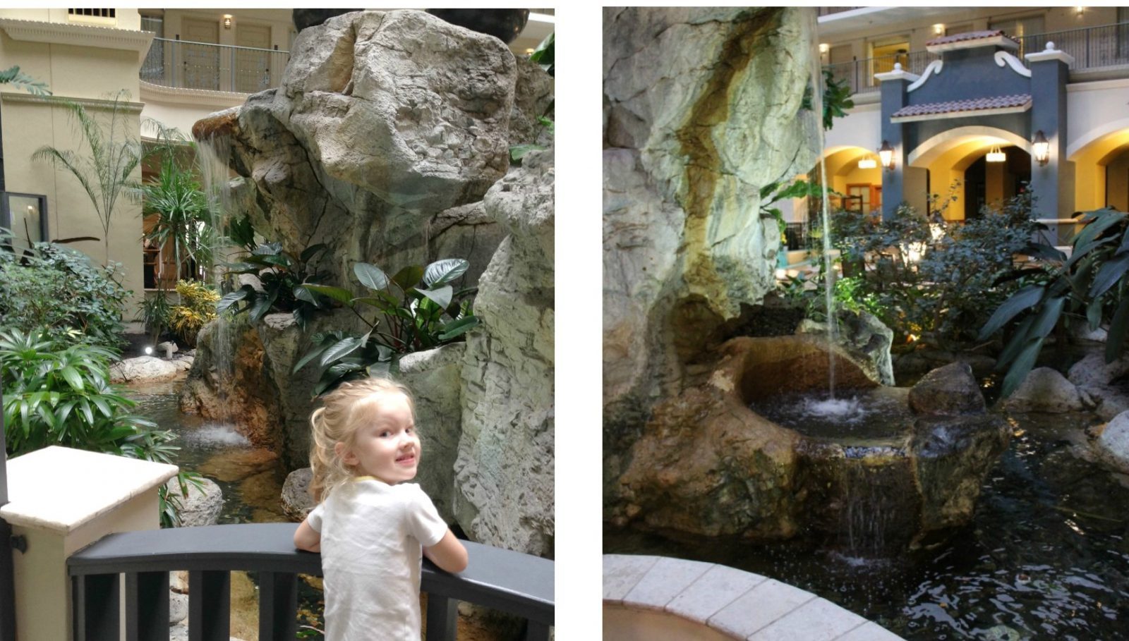 rock and water features in the hotel atrium