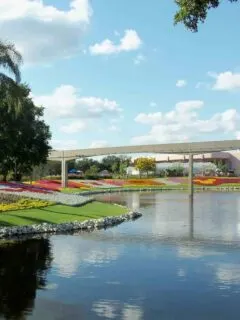 Epcot Center flowers, water, monorail and spaceship earth globe
