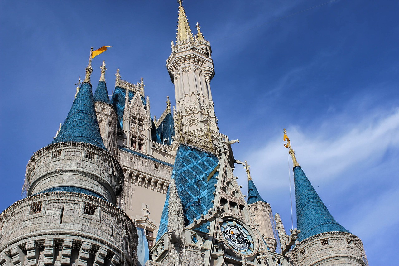 Up close Cinderella Castle with blue skies