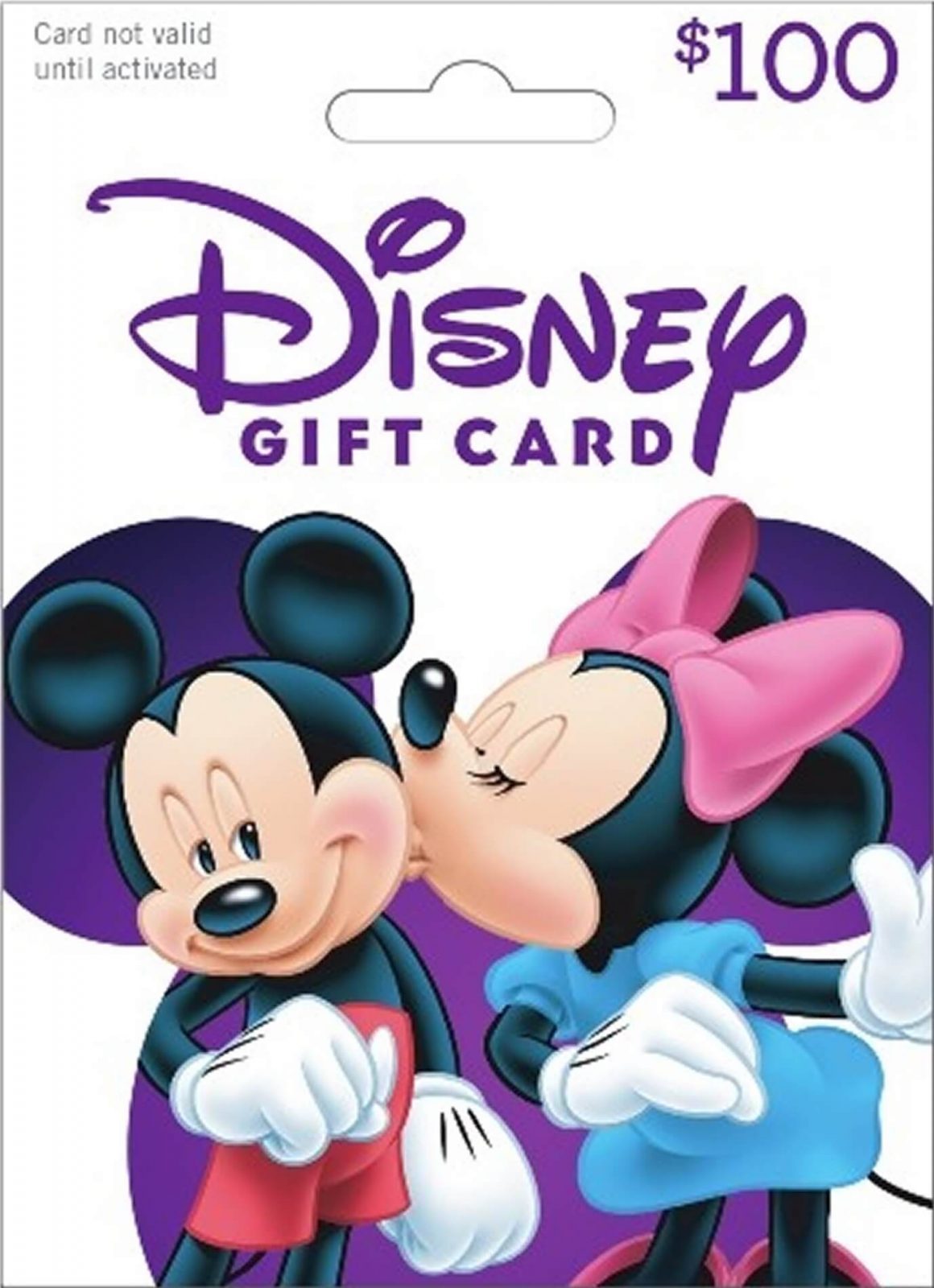 one hundred dollar Disney Gift Card with picture of MIckey Mouse kissing MIckey Mouse