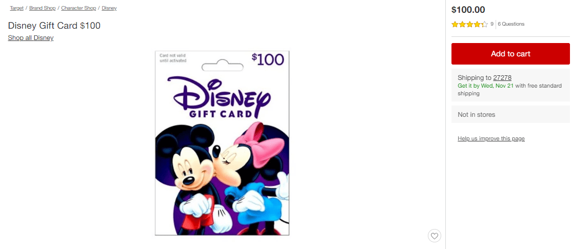 purchasing disney gift card online from target