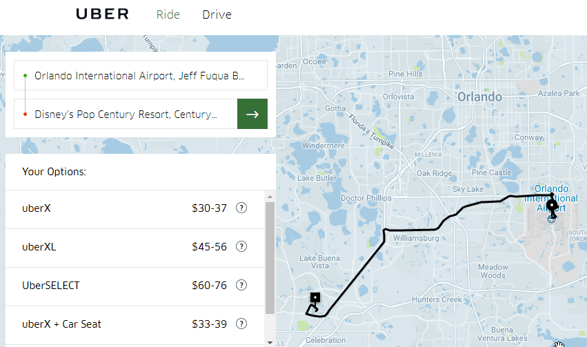 uber estimate from airport to pop century