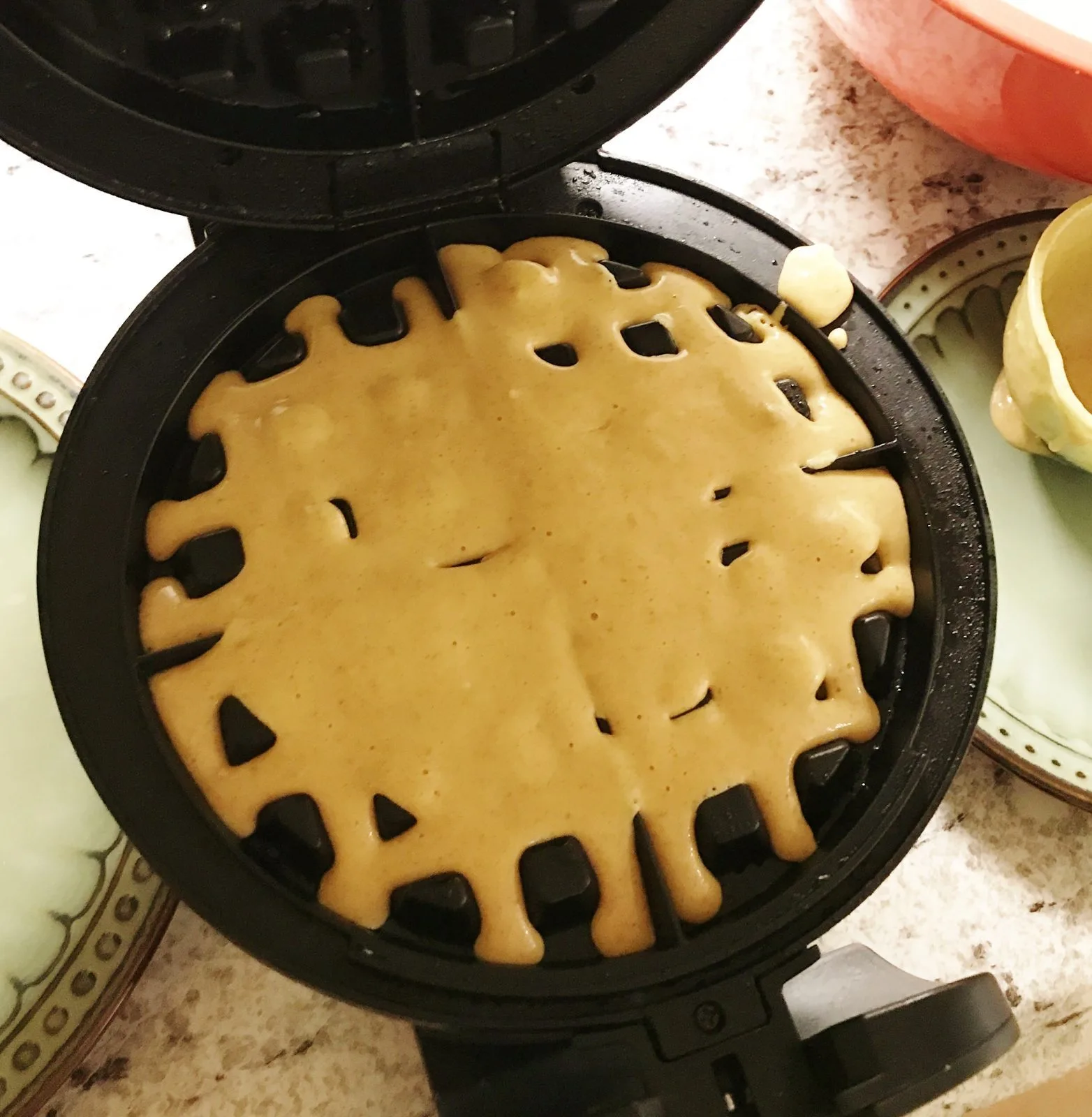 batter in the waffle maker