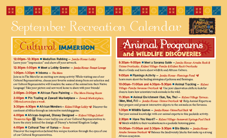Animal kingdom lodge recreation calendar