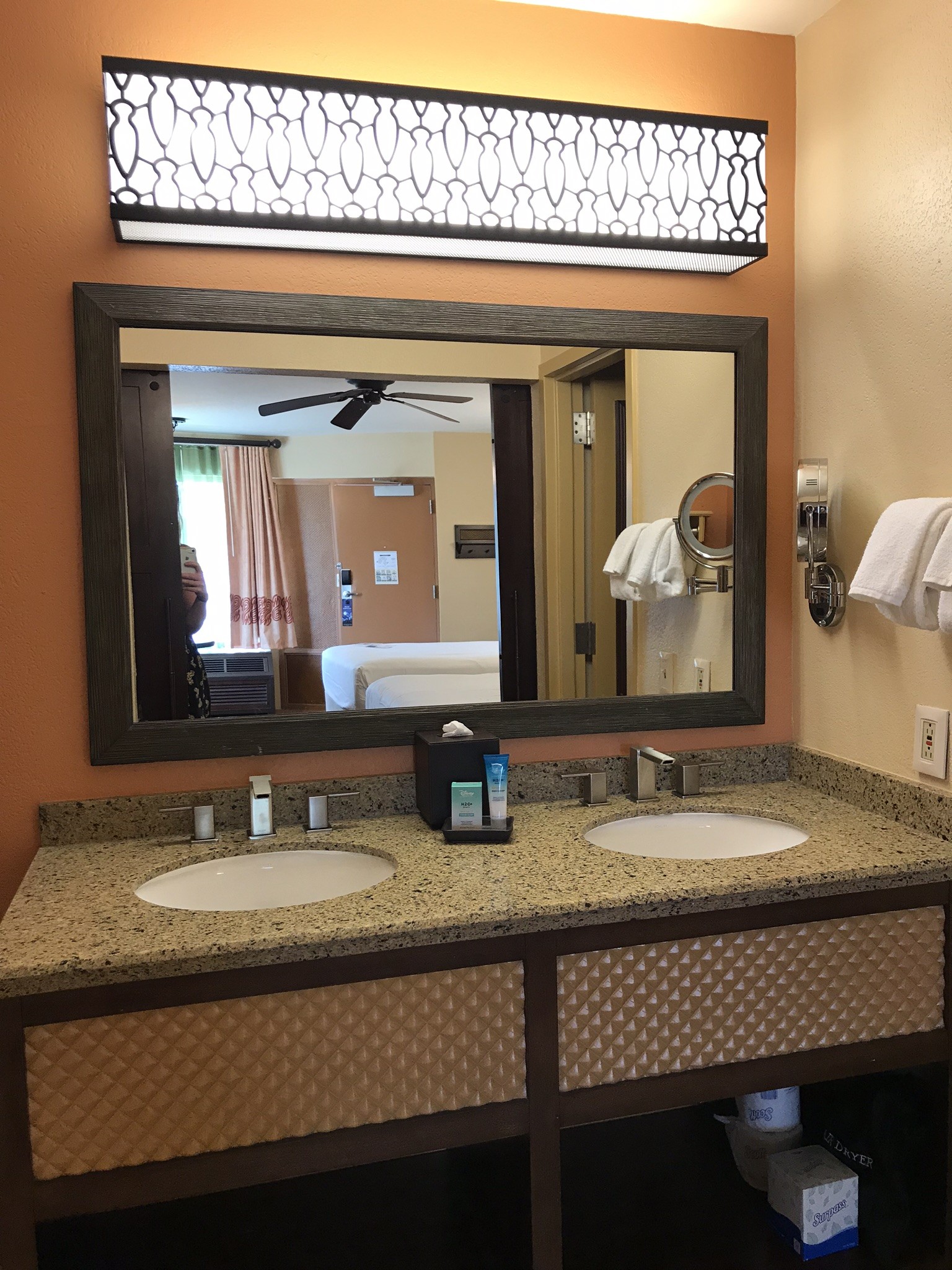 in-room bathroom vanity and double sink