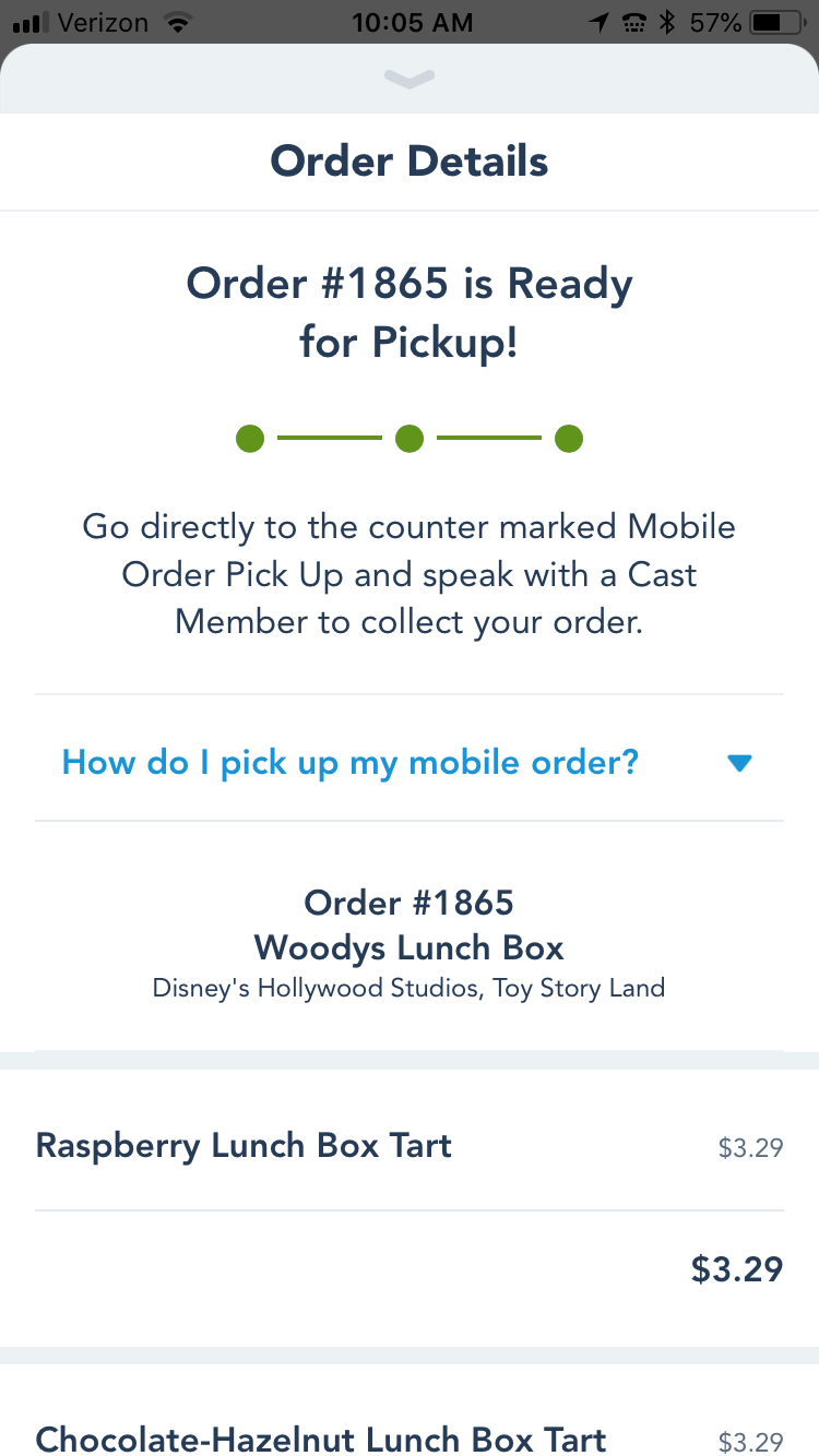 screen shot of mobile app order "ready to pick up" notification