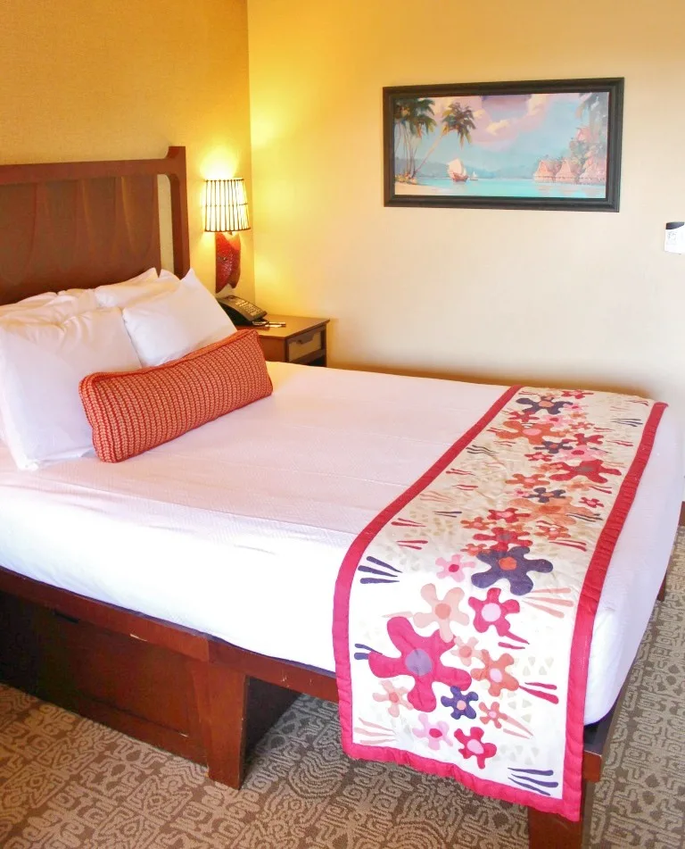 A view of the bed at Disney Polynesian Villas in a standard view studio
