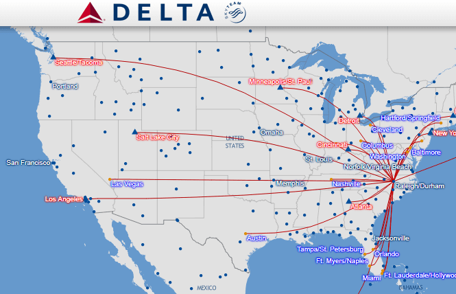 map showing delta flights from Raleigh, NC