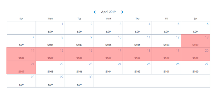 April 2019 calendar showing the busiest times at Disney World