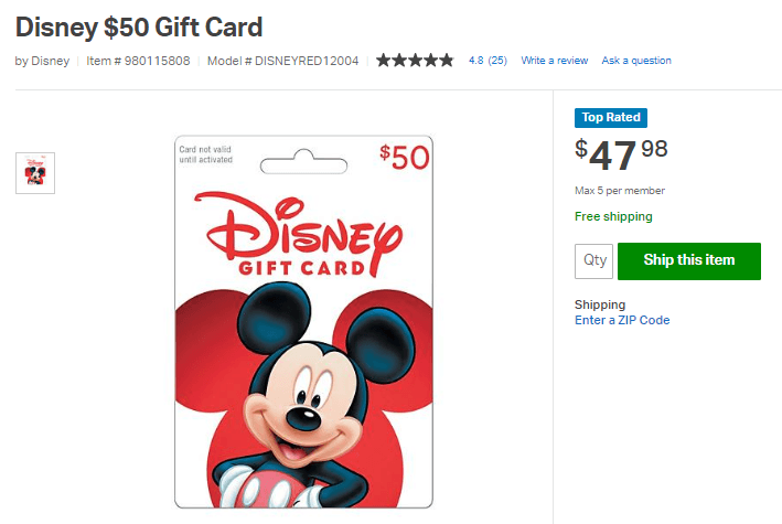 example of gift cards disney discount from Sam's Club