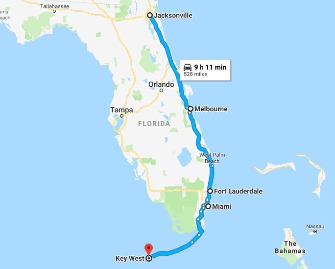route on map from jacksonville to key west