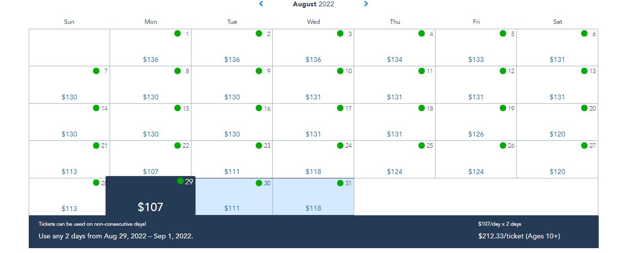 august 2022 calendar with cheap disney world ticket prices