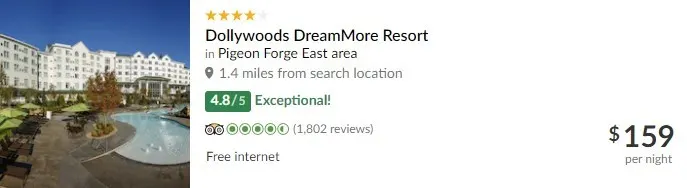 TripAdvisor Listing for Dollywood's DreamMore Resort