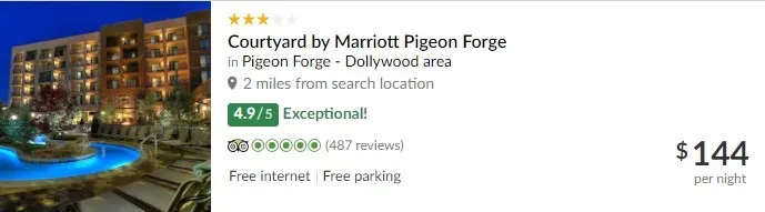 TripAdvisor Listing for Courtyard By Marriott Pigeon Forge