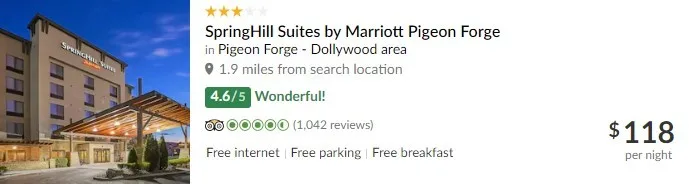 TripAdvisor Listing for SpringHill Suites by Marriott Pigeon Forge