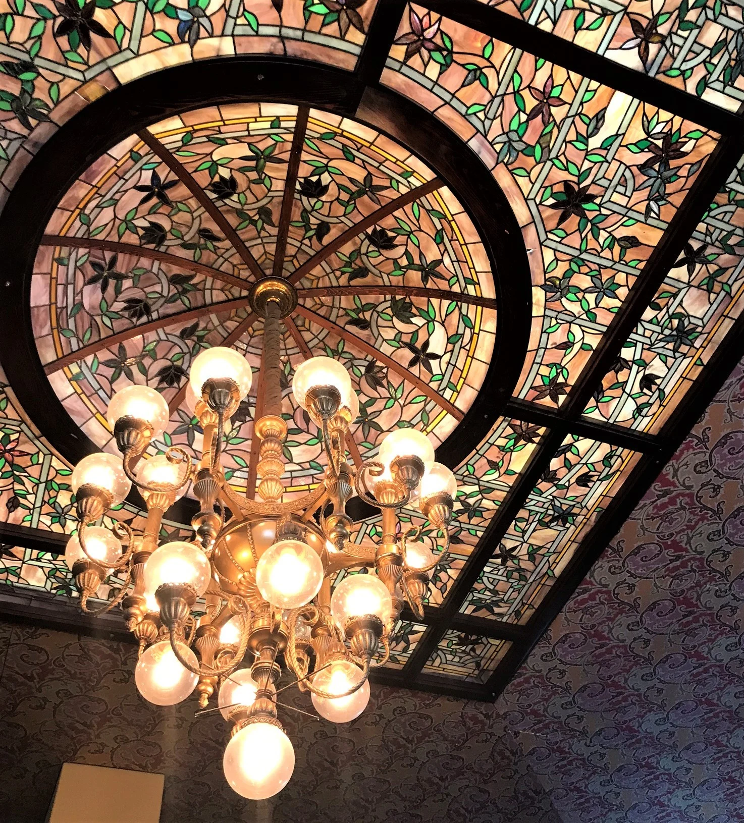 stained glass ceiling and lighting fixture