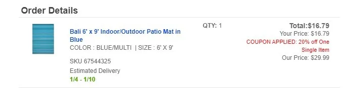 order details for indorr/outdoor patio mat