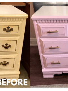 Before picture of yellow chest of drawers and After piccture of pink chest of drawers with updated modern handles