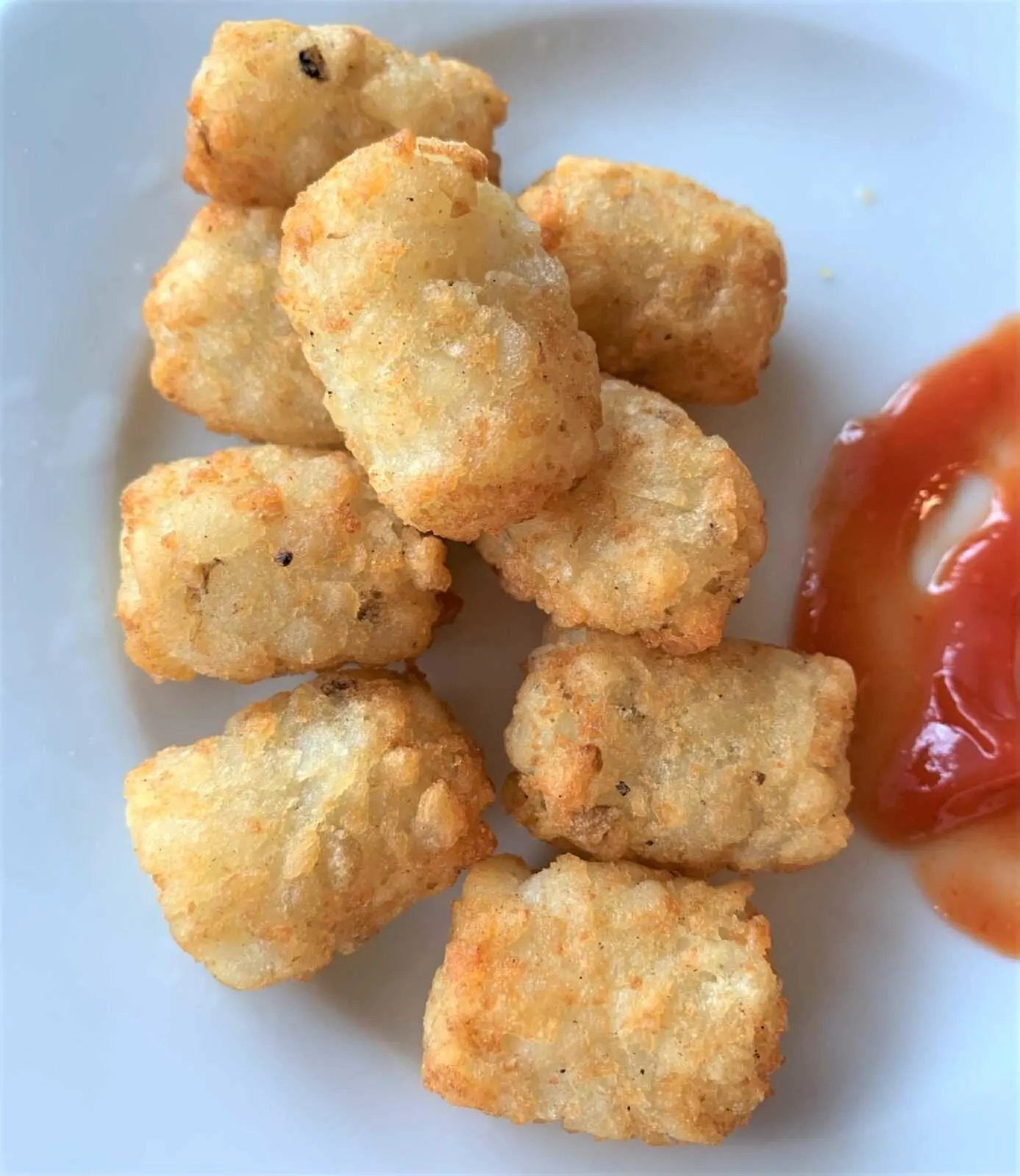 crispy golden air fried tater tots on a plate with ketchup