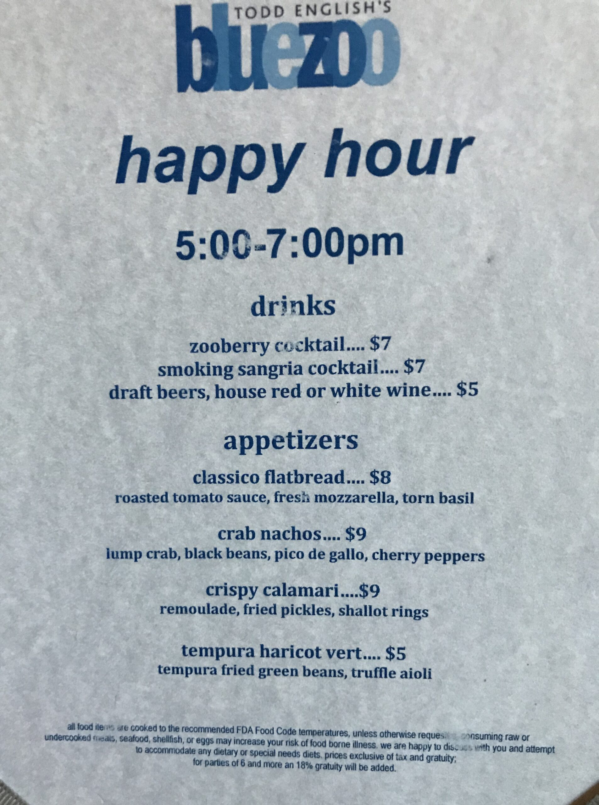 bluezoo happy hour menu