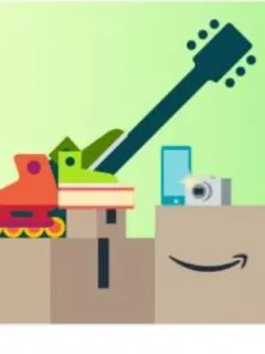 Amazon packages with guitar, rollerblade, phone and camera on top