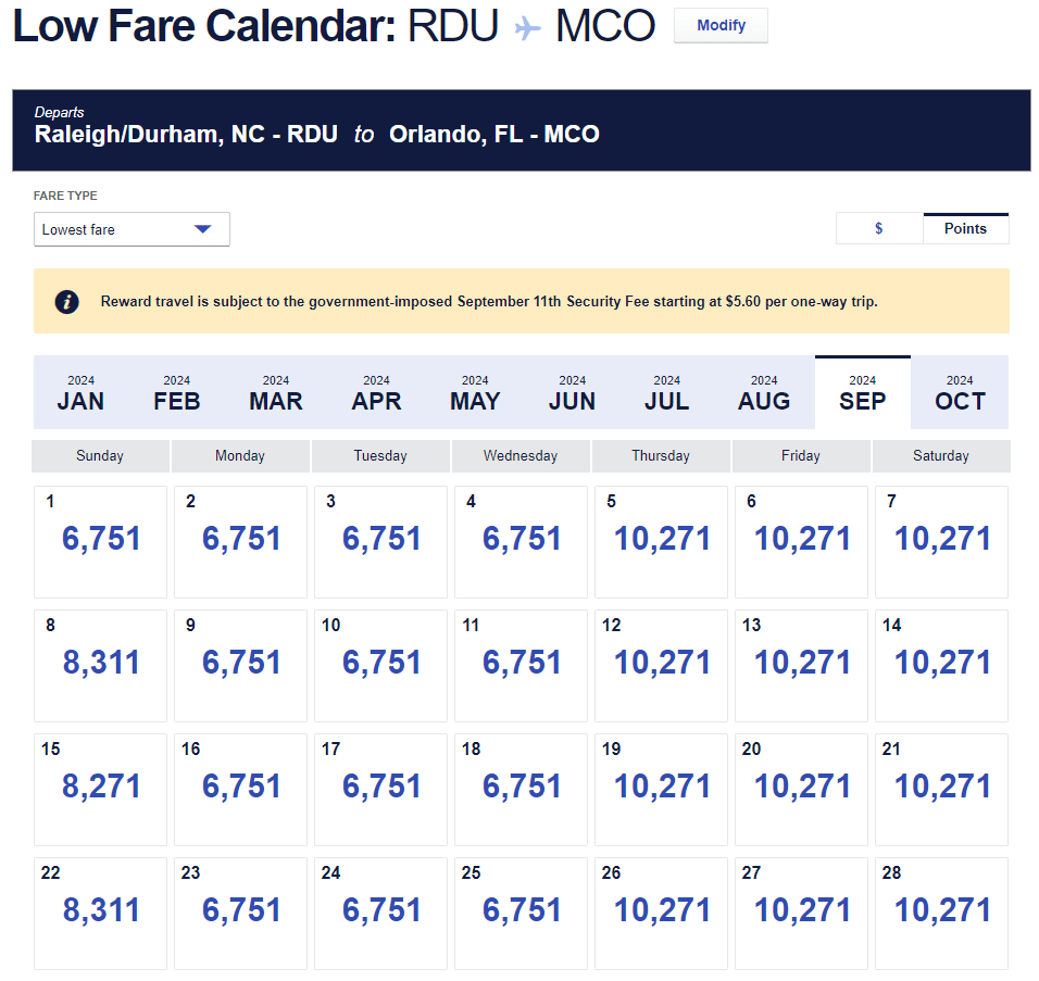 example of low fare calendar