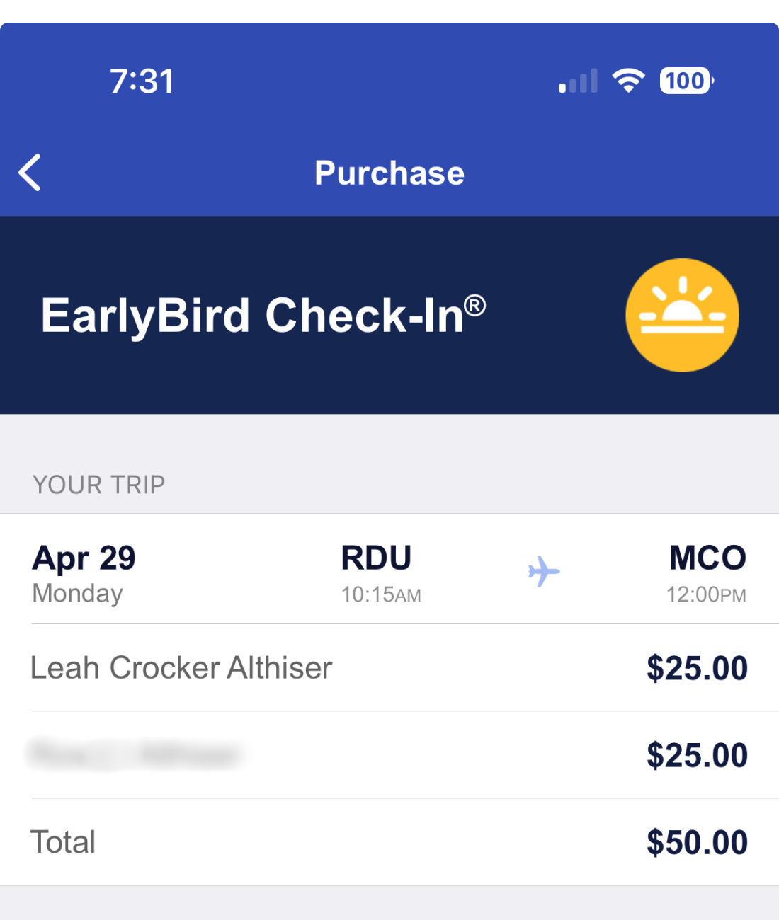 early bird check-in payment