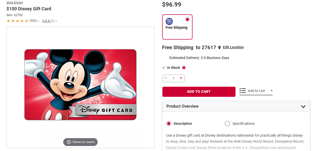 Disney - Disney Gift Card, $15 to $500, Shop