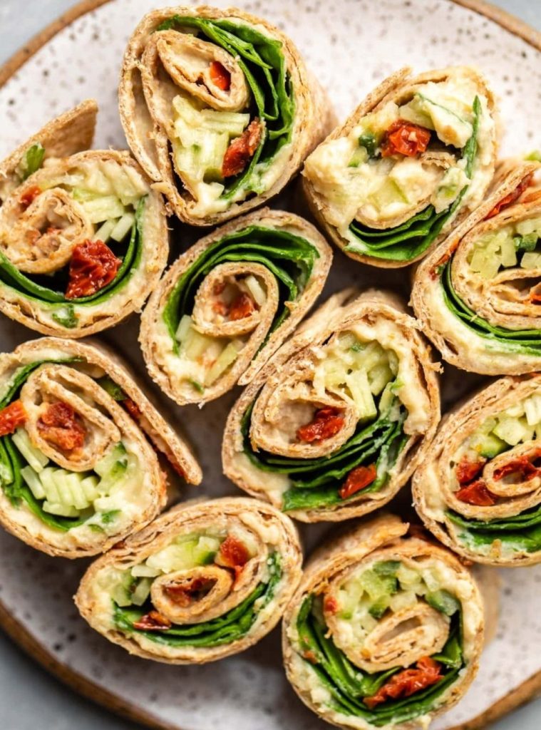 Hummus Pinwheels with Cucumber & Sun-dried Tomatoes
